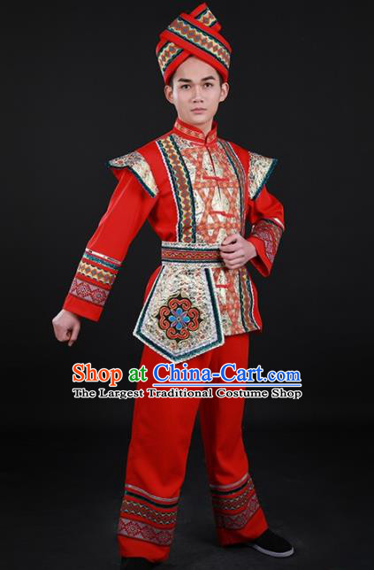 Chinese Traditional Zhuang Nationality Festival Red Outfits Ethnic Minority Folk Dance Stage Show Costume for Men