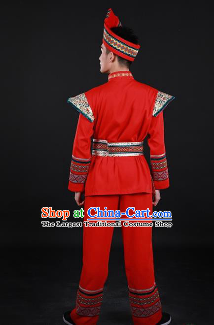 Chinese Traditional Zhuang Nationality Festival Red Outfits Ethnic Minority Folk Dance Stage Show Costume for Men