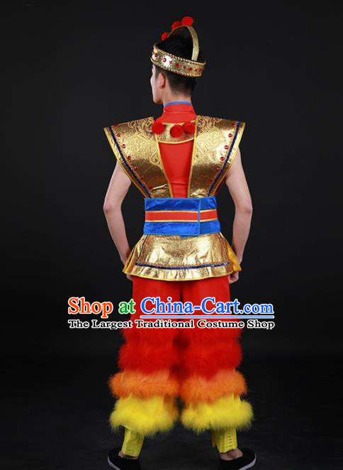 Chinese Traditional Yao Nationality Festival Drum Dance Red Outfits Ethnic Minority Folk Dance Stage Show Costume for Men