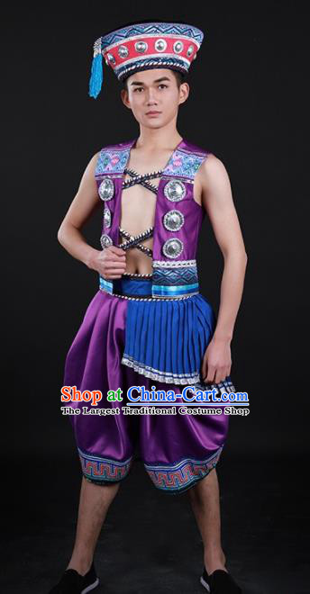 Chinese Traditional Yao Nationality Festival Purple Outfits Ethnic Minority Folk Dance Stage Show Costume for Men