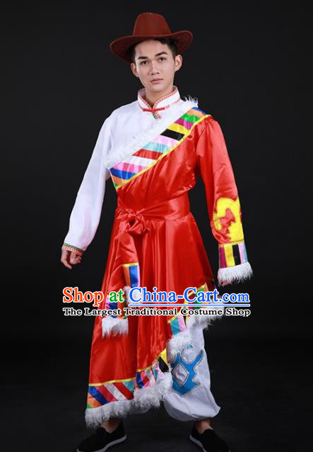 Chinese Traditional Yugu Nationality Festival Red Outfits Ethnic Minority Folk Dance Stage Show Costume for Men