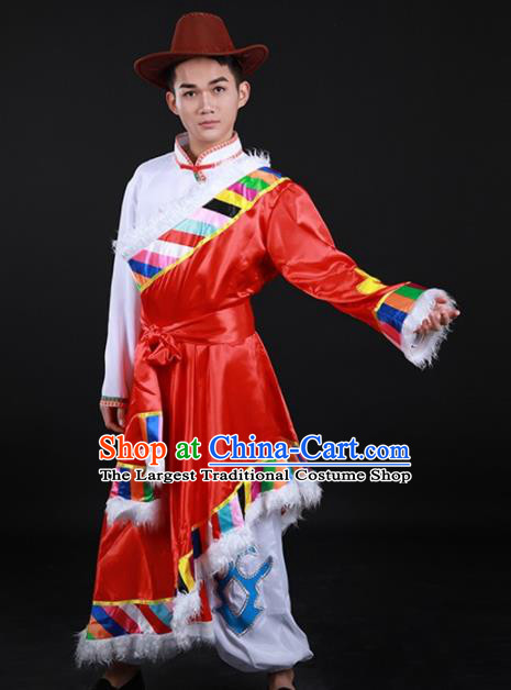 Chinese Traditional Yugu Nationality Festival Red Outfits Ethnic Minority Folk Dance Stage Show Costume for Men