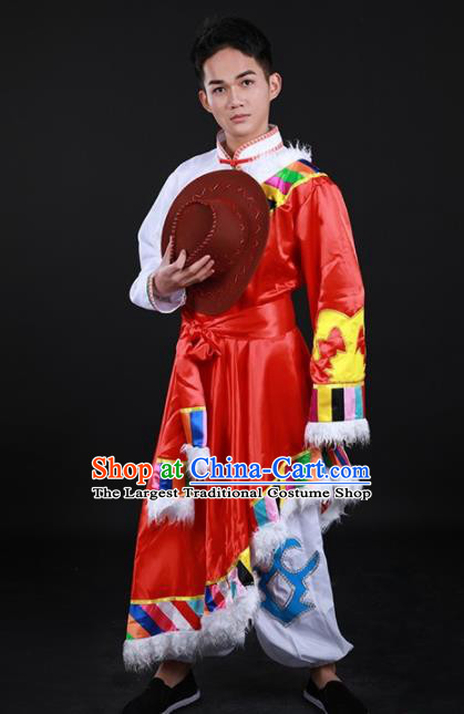 Chinese Traditional Yugu Nationality Festival Red Outfits Ethnic Minority Folk Dance Stage Show Costume for Men