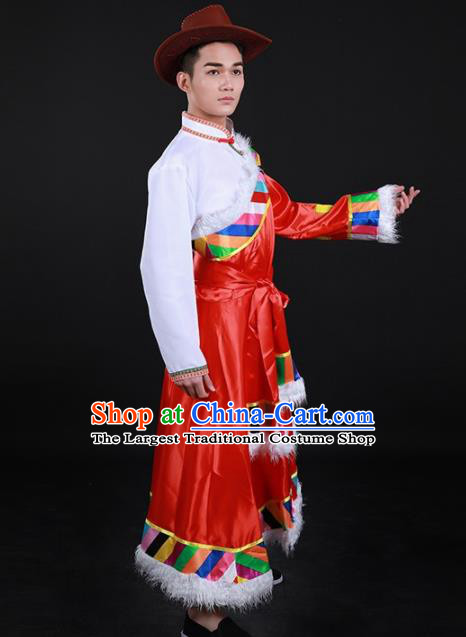 Chinese Traditional Yugu Nationality Festival Red Outfits Ethnic Minority Folk Dance Stage Show Costume for Men