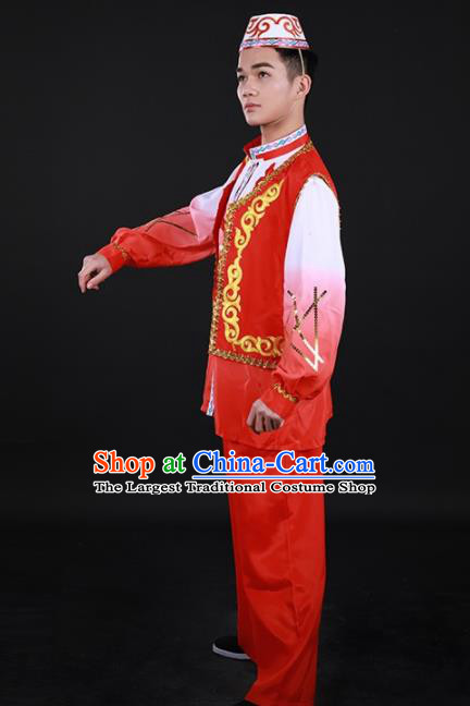 Chinese Traditional Hui Nationality Festival Red Outfits Ethnic Minority Folk Dance Stage Show Costume for Men