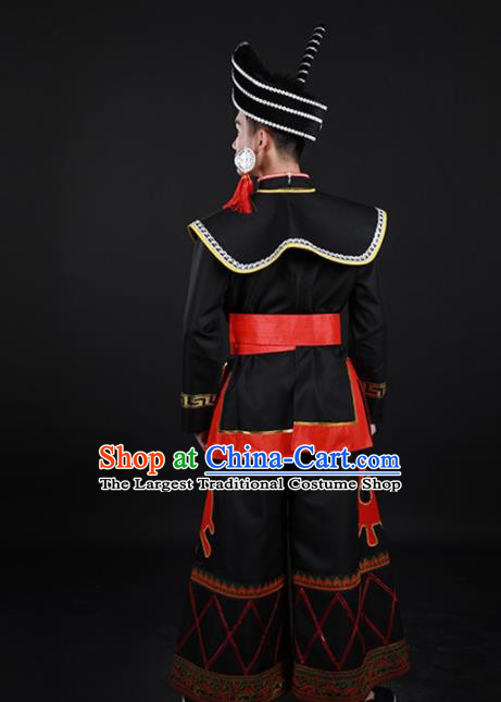 Chinese Traditional Yi Nationality Festival Black Outfits Ethnic Minority Folk Dance Stage Show Costume for Men