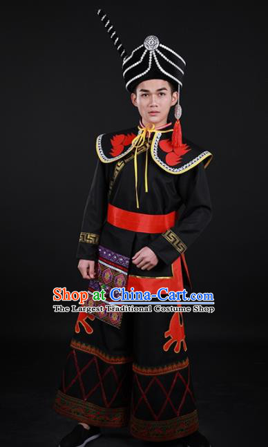 Chinese Traditional Yi Nationality Festival Black Outfits Ethnic Minority Folk Dance Stage Show Costume for Men