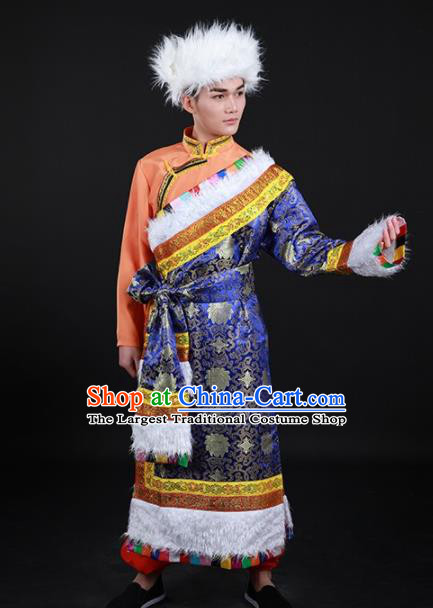 Chinese Traditional Zang Nationality Festival Royalblue Outfits Ethnic Minority Folk Dance Stage Show Costume for Men