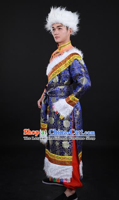 Chinese Traditional Zang Nationality Festival Royalblue Outfits Ethnic Minority Folk Dance Stage Show Costume for Men