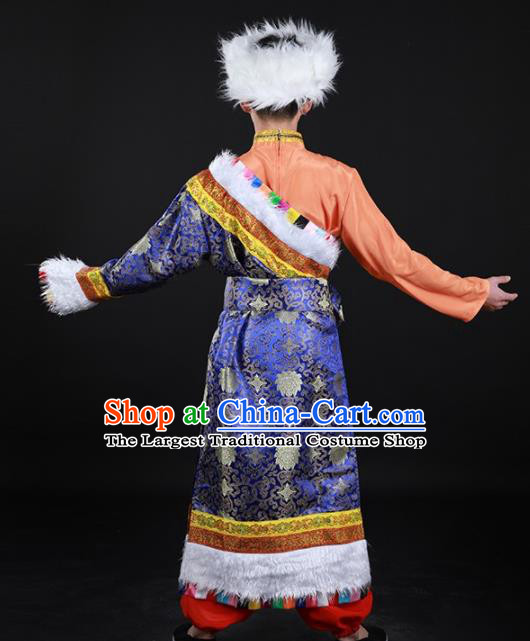 Chinese Traditional Zang Nationality Festival Royalblue Outfits Ethnic Minority Folk Dance Stage Show Costume for Men