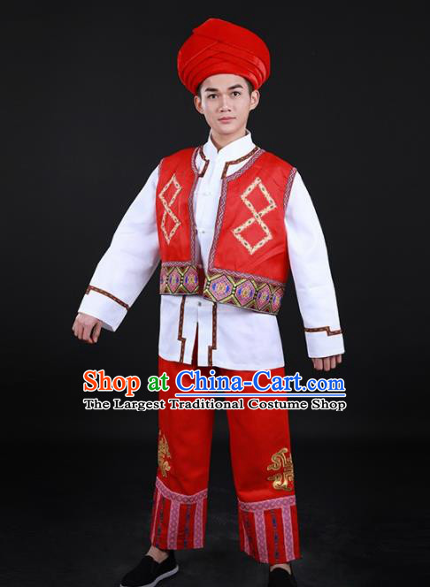 Chinese Traditional Li Nationality Festival Red Outfits Ethnic Minority Folk Dance Stage Show Costume for Men