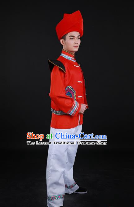 Chinese Traditional Buyei Nationality Festival Red Outfits Ethnic Minority Folk Dance Stage Show Costume for Men