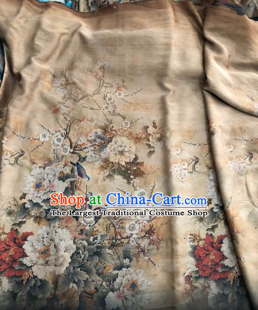 Asian Chinese Traditional Peony Pattern Design Beige Gambiered Guangdong Gauze Fabric Silk Material