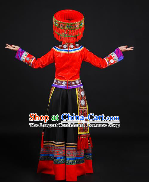 Chinese Traditional Achang Nationality Red Dress Ethnic Folk Dance Stage Show Costume for Women