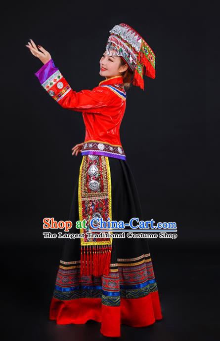 Chinese Traditional Achang Nationality Red Dress Ethnic Folk Dance Stage Show Costume for Women