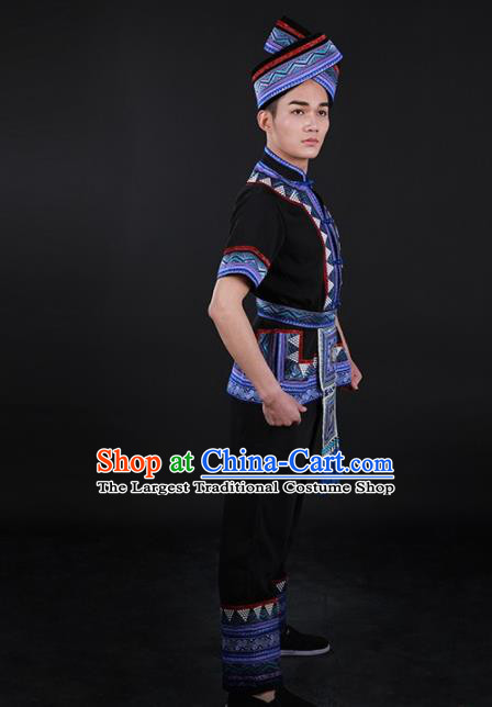 Chinese Traditional Zhuang Nationality Black Outfits Ethnic Minority Folk Dance Stage Show Costume for Men