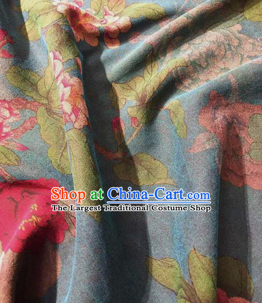 Asian Chinese Traditional Peony Pattern Design Peacock Blue Gambiered Guangdong Gauze Fabric Silk Material