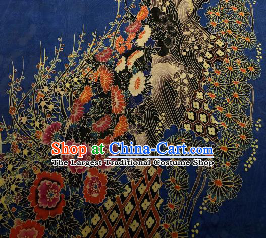 Asian Chinese Traditional Chrysanthemum Peony Pattern Design Navy Gambiered Guangdong Gauze Fabric Silk Material