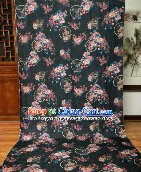 Asian Chinese Traditional Peony Plum Pattern Design Navy Gambiered Guangdong Gauze Fabric Silk Material