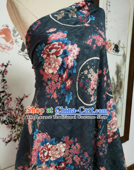Asian Chinese Traditional Peony Plum Pattern Design Navy Gambiered Guangdong Gauze Fabric Silk Material