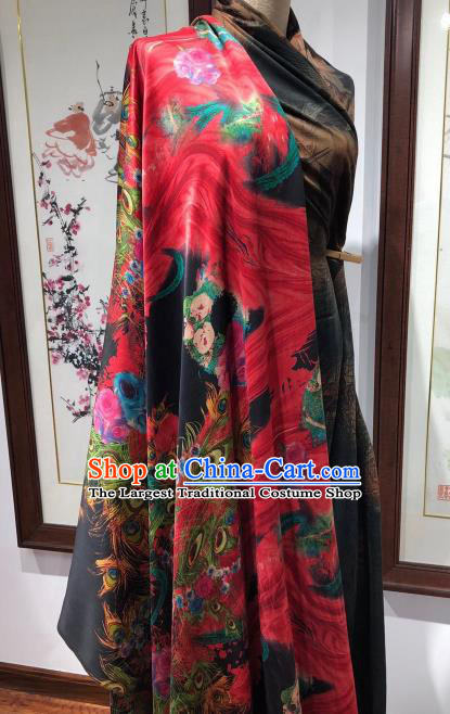 Asian Chinese Classical Peacock Pattern Design Red Gambiered Guangdong Gauze Fabric Traditional Silk Material
