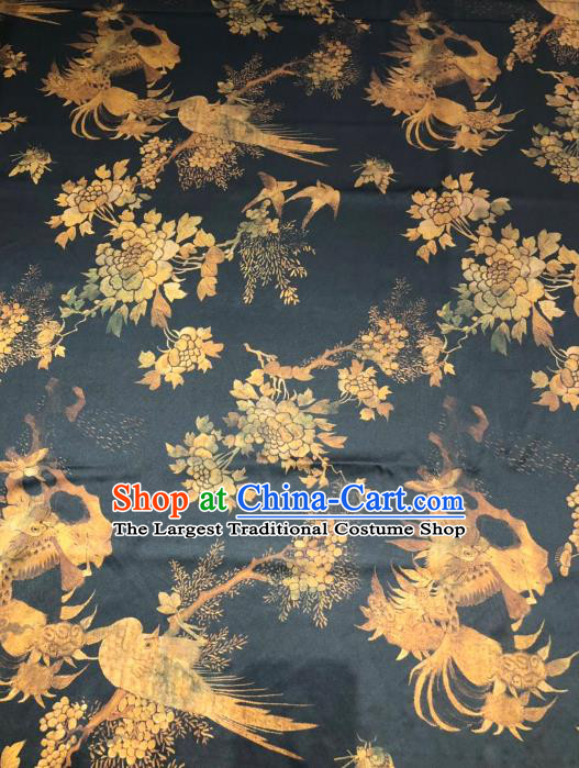 Asian Chinese Classical Flower Birds Pattern Design Black Gambiered Guangdong Gauze Fabric Traditional Silk Material