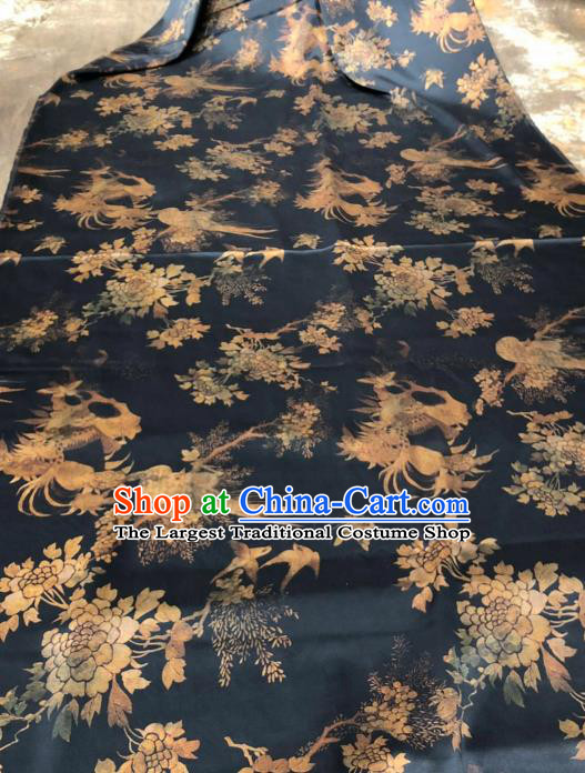 Asian Chinese Classical Flower Birds Pattern Design Black Gambiered Guangdong Gauze Fabric Traditional Silk Material