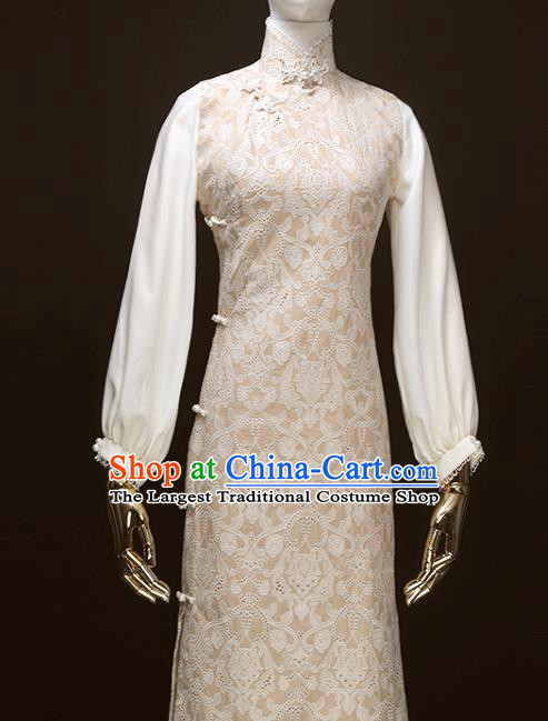 Chinese Traditional Embroidered Beige Cheongsam Costume Republic of China Mandarin Qipao Dress for Women