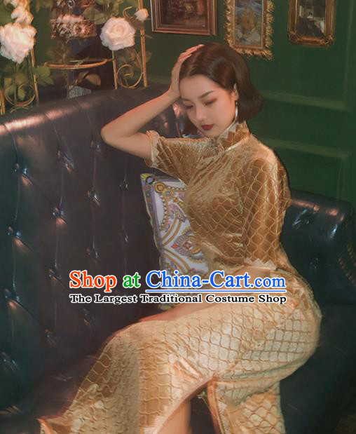 Chinese Traditional Golden Velvet Cheongsam Costume Republic of China Mandarin Qipao Dress for Women