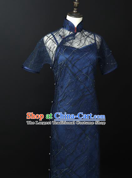 Chinese Traditional Blue Silk Cheongsam Costume Republic of China Mandarin Qipao Dress for Women