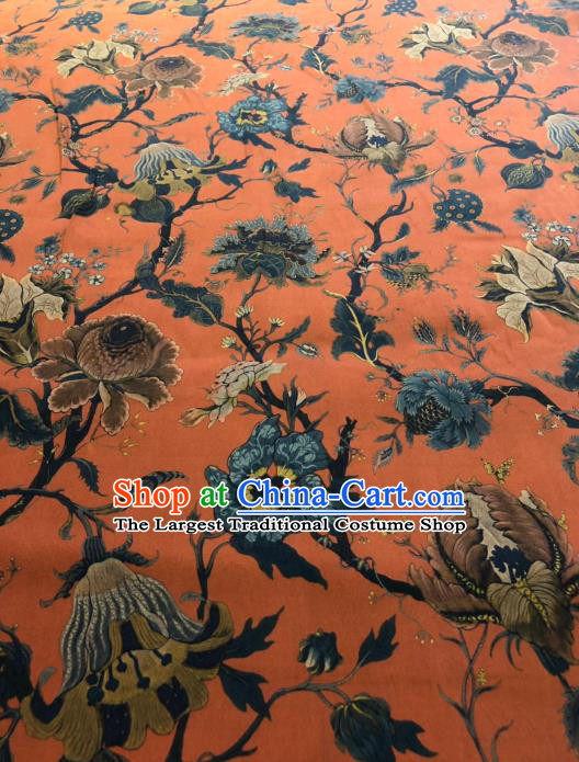 Asian Chinese Classical Flowers Pattern Design Orange Gambiered Guangdong Gauze Fabric Traditional Silk Material