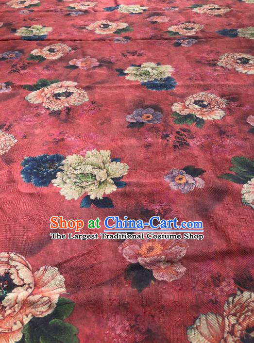 Asian Chinese Classical Peony Pattern Design Red Gambiered Guangdong Gauze Fabric Traditional Silk Material