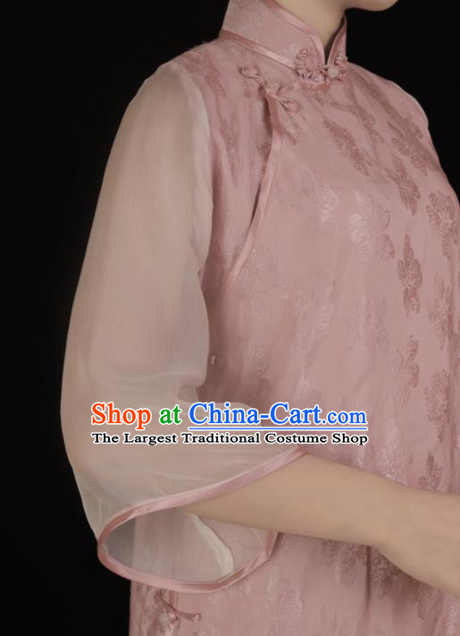 Chinese Traditional Pink Chiffon Cheongsam Costume Republic of China Mandarin Qipao Dress for Women