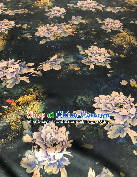 Asian Chinese Traditional Peony Flowers Pattern Design Black Gambiered Guangdong Gauze Fabric Silk Material