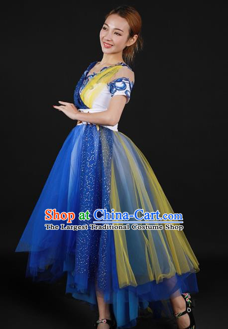 Chinese Spring Festival Gala Modern Dance Blue Dress Traditional Chorus Stage Show Costume for Women