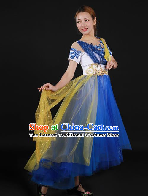 Chinese Spring Festival Gala Modern Dance Blue Dress Traditional Chorus Stage Show Costume for Women