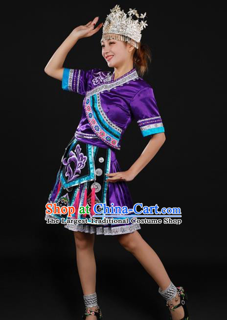 Chinese Traditional Miao Nationality Purple Blouse and Skirt Ethnic Minority Folk Dance Stage Show Costume for Women