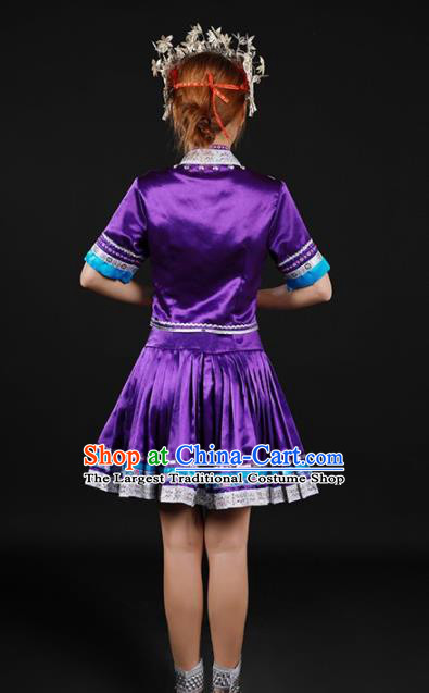 Chinese Traditional Miao Nationality Purple Blouse and Skirt Ethnic Minority Folk Dance Stage Show Costume for Women