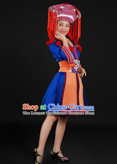 Chinese Traditional Yao Nationality Blue Short Dress Ethnic Minority Folk Dance Stage Show Costume for Women