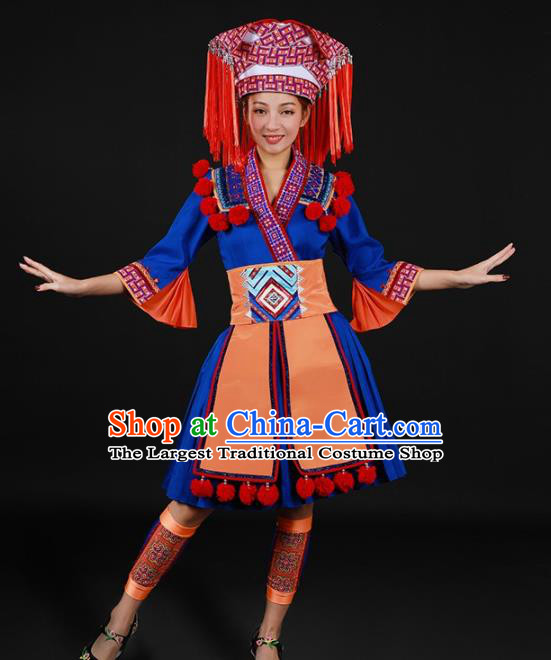 Chinese Traditional Yao Nationality Blue Short Dress Ethnic Minority Folk Dance Stage Show Costume for Women