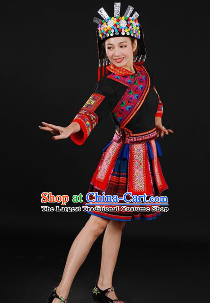 Chinese Traditional Yao Nationality Black Short Dress Ethnic Minority Folk Dance Stage Show Costume for Women