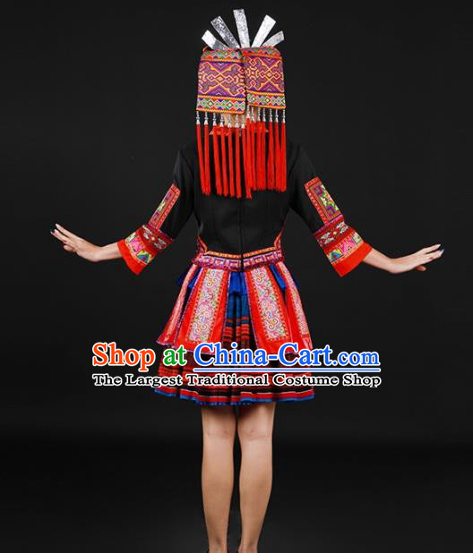 Chinese Traditional Yao Nationality Black Short Dress Ethnic Minority Folk Dance Stage Show Costume for Women