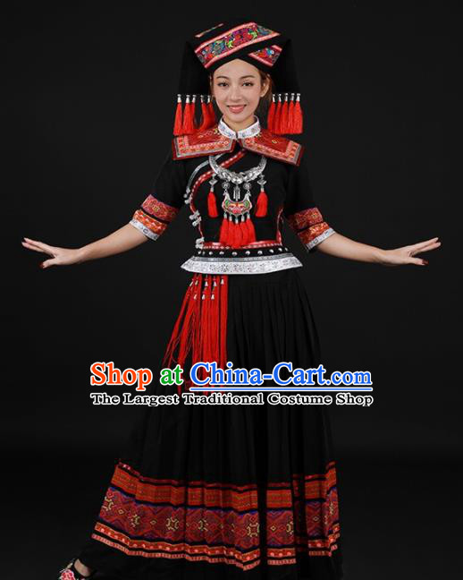 Chinese Traditional Zhuang Nationality Black Long Dress Ethnic Minority Folk Dance Stage Show Costume for Women