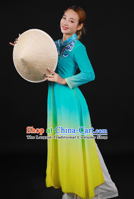 Chinese Traditional Jing Nationality Lake Blue Dress Ethnic Minority Folk Dance Stage Show Costume for Women