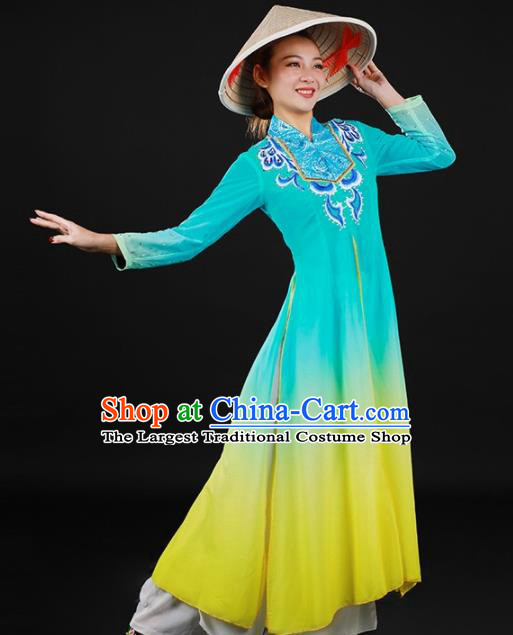 Chinese Traditional Jing Nationality Lake Blue Dress Ethnic Minority Folk Dance Stage Show Costume for Women