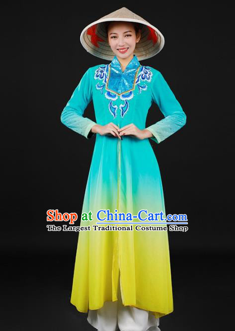 Chinese Traditional Jing Nationality Lake Blue Dress Ethnic Minority Folk Dance Stage Show Costume for Women