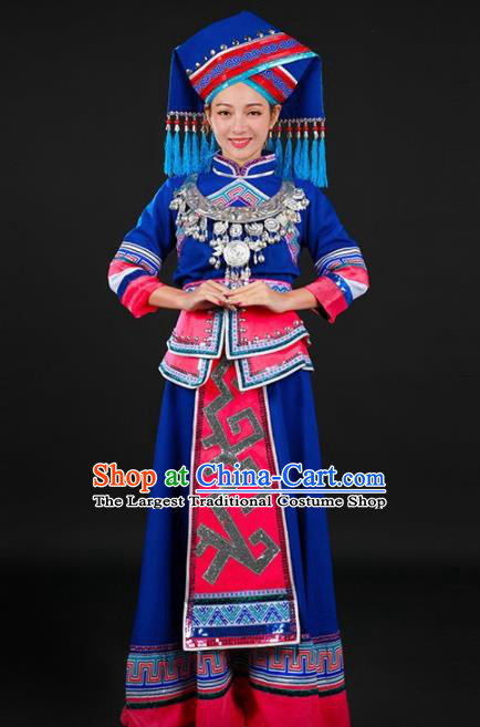 Chinese Traditional Zhuang Nationality Deep Blue Dress Ethnic Minority Folk Dance Stage Show Costume for Women