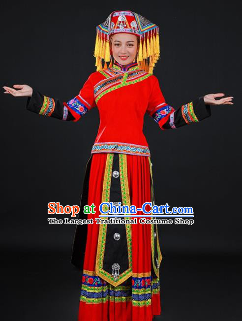 Chinese Traditional Yao Nationality Red Long Dress Ethnic Minority Folk Dance Stage Show Costume for Women