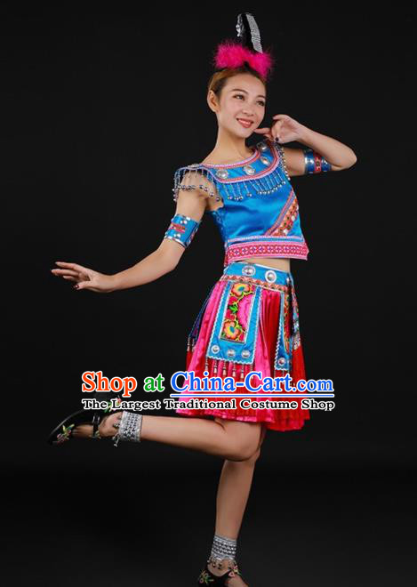Chinese Traditional Miao Nationality Blue Blouse and Rosy Skirt Ethnic Minority Folk Dance Stage Show Costume for Women