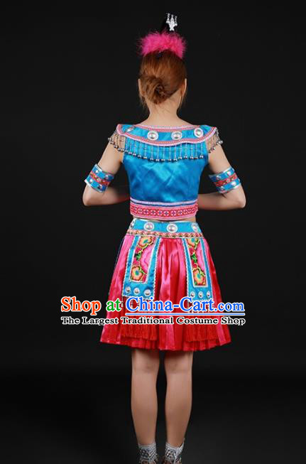 Chinese Traditional Miao Nationality Blue Blouse and Rosy Skirt Ethnic Minority Folk Dance Stage Show Costume for Women
